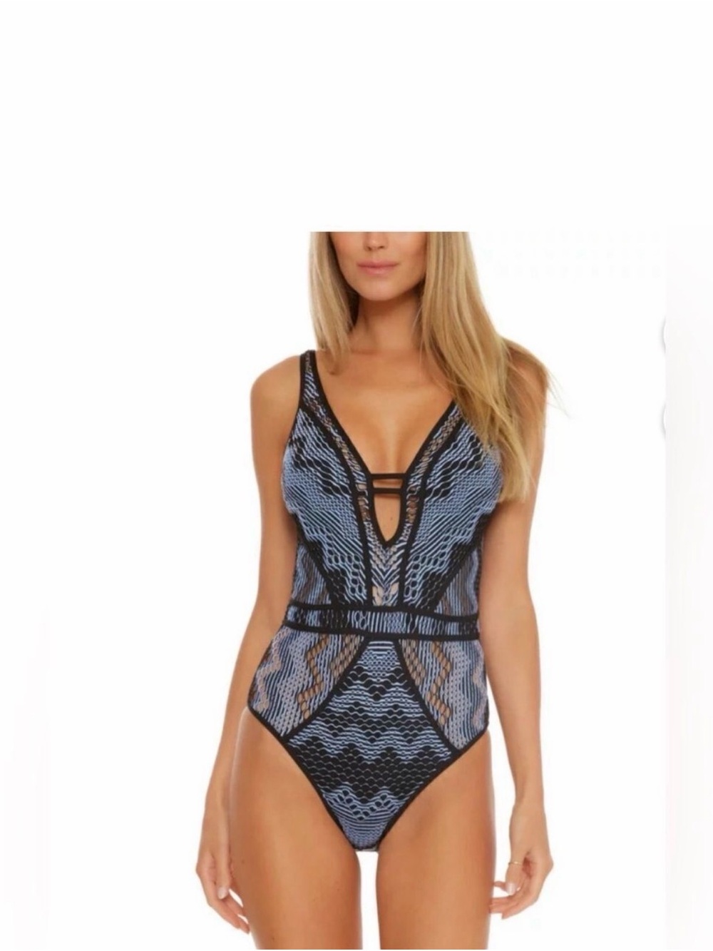 BECCA Blue and Black Crochet pattern Detail One-Piece Swimsuit Medium